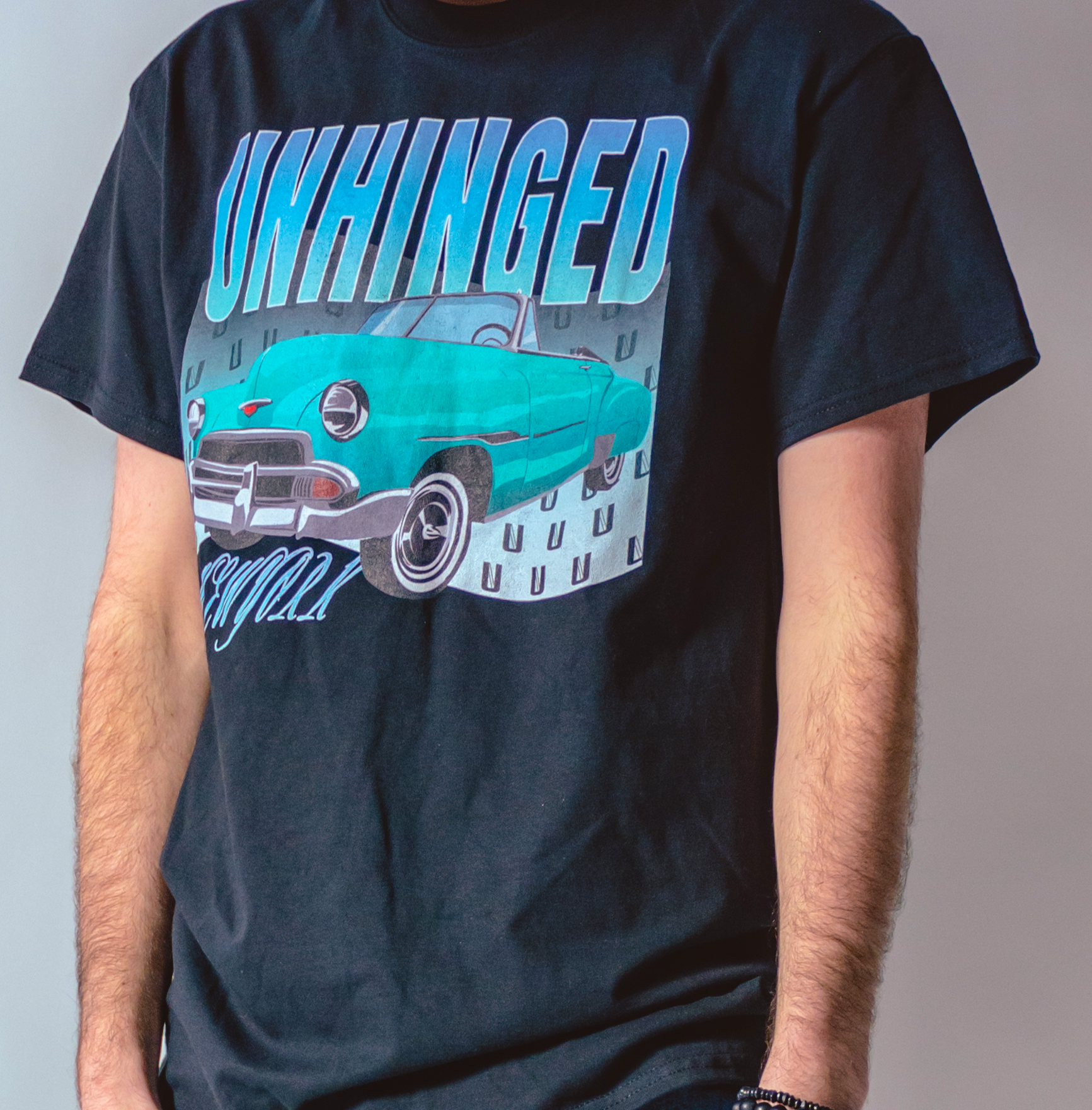 UNHINGED VINTAGE BLUE CAR T SHIRT Black Unhinged Brand